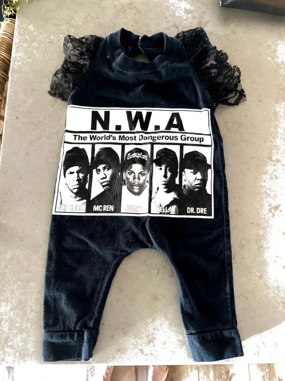 N.W.A Graphic Baby Romper Black Lace Sleeve One Piece Hip Hop Streetwear